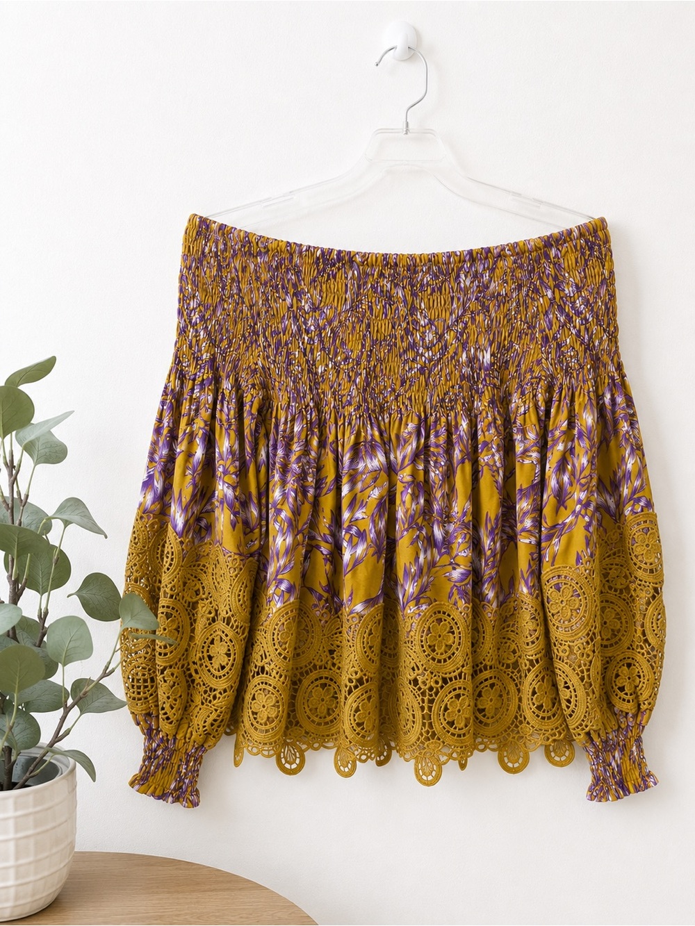 Petal Roz Boho Off Shoulder Smocked Crochet Lace Blouse Mustard Purple Floral L - Picture 3 of 8